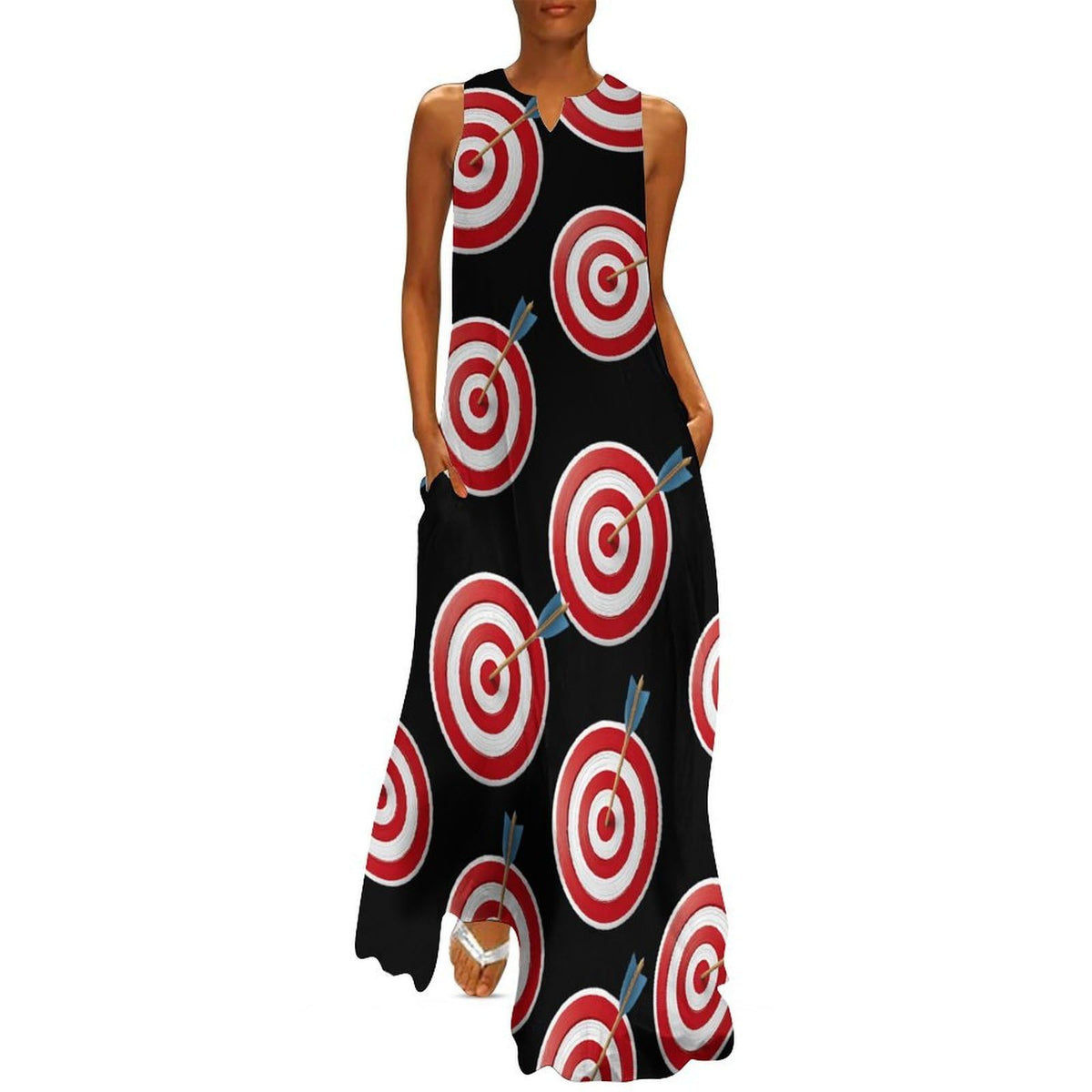 Robe longue maxi maxi sans manches pour femme, col en V, coupe ample, unie, avec poches, motif œil de taureau