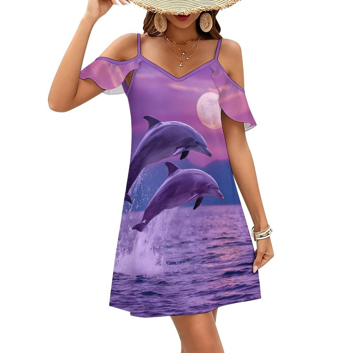 Robe bandoulière épaules dénudées à manches volantées et imprimé dauphins lune, style décontracté, mini-robe d'été.